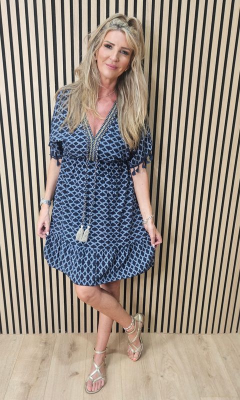 Geometric Tassel Detail Dress – Navy