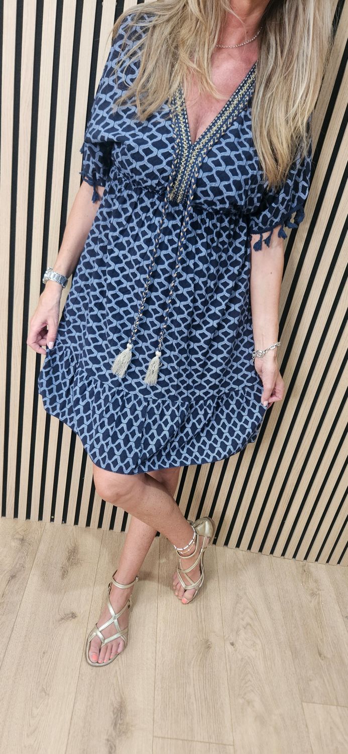 Geometric Tassel Detail Dress – Navy