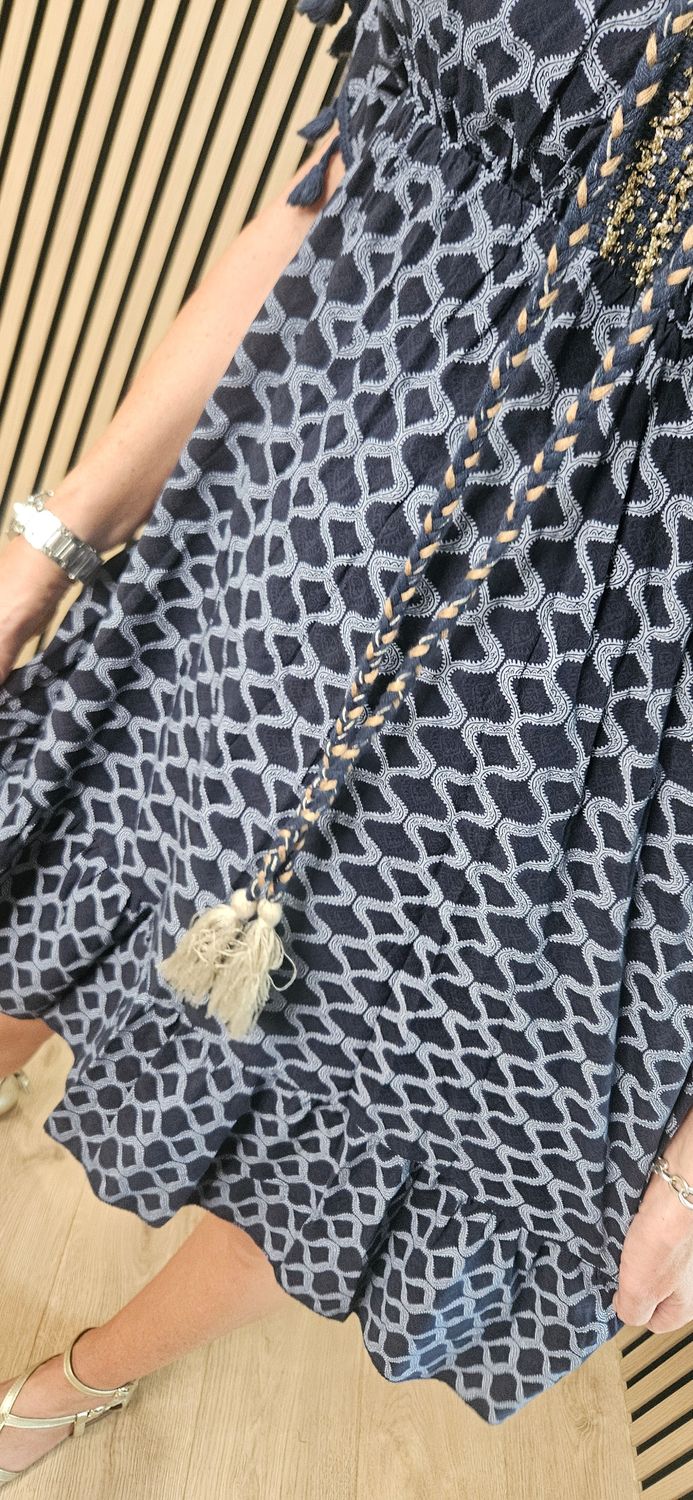 Geometric Tassel Detail Dress – Navy