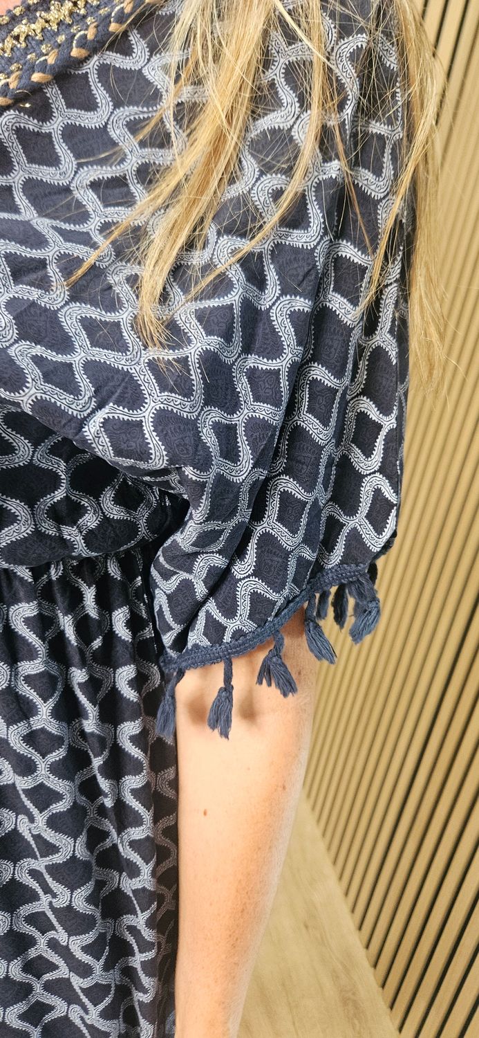 Geometric Tassel Detail Dress – Navy