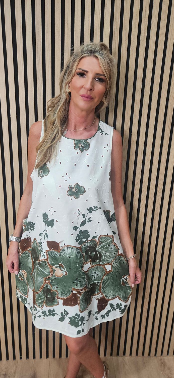 Floral Broderie Cotton Dress – Green