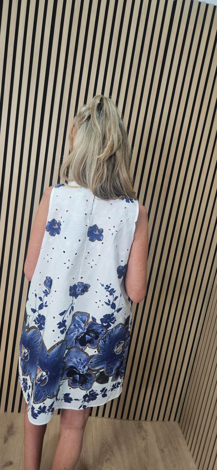 Floral Broderie Cotton Dress – Blue