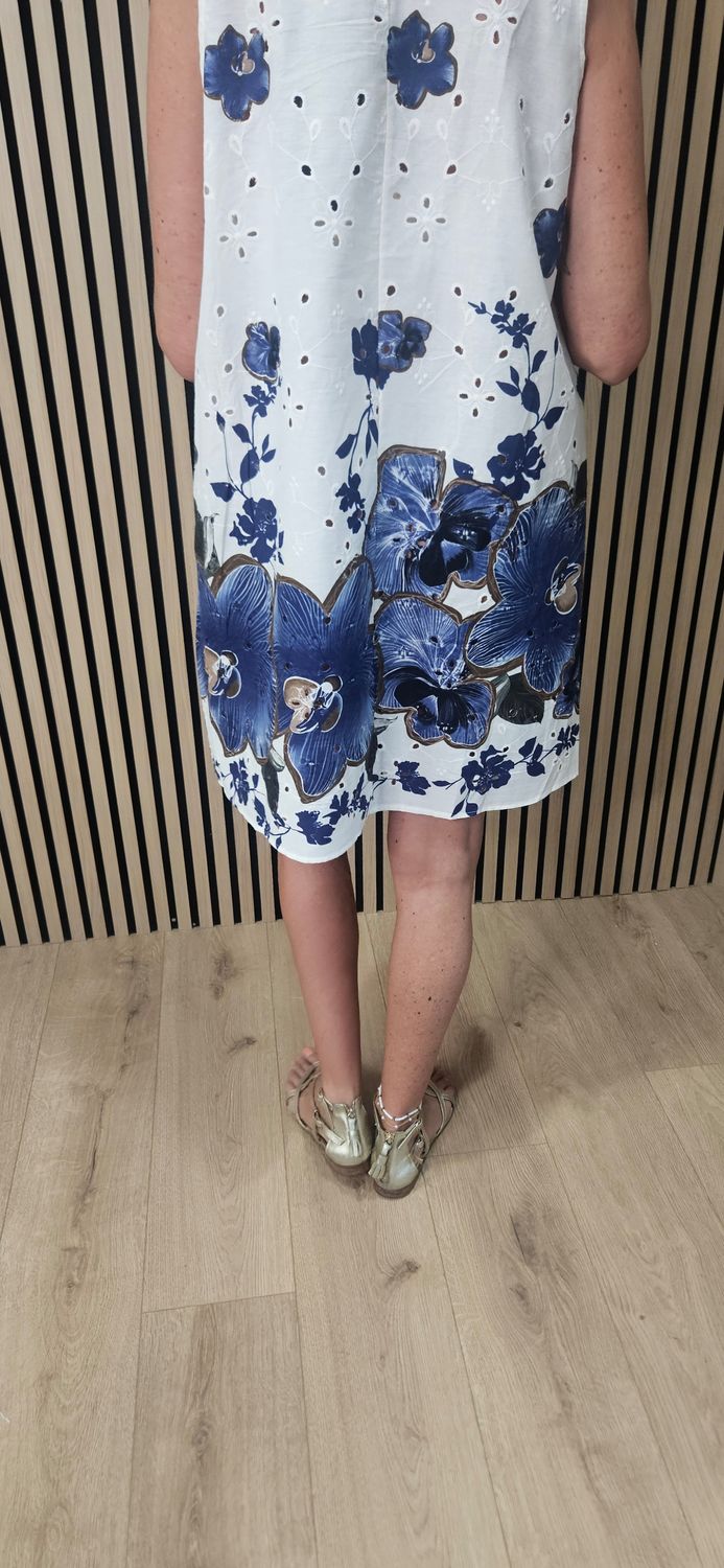 Floral Broderie Cotton Dress – Blue