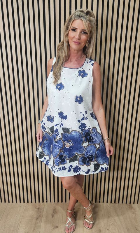 Floral Broderie Cotton Dress – Blue