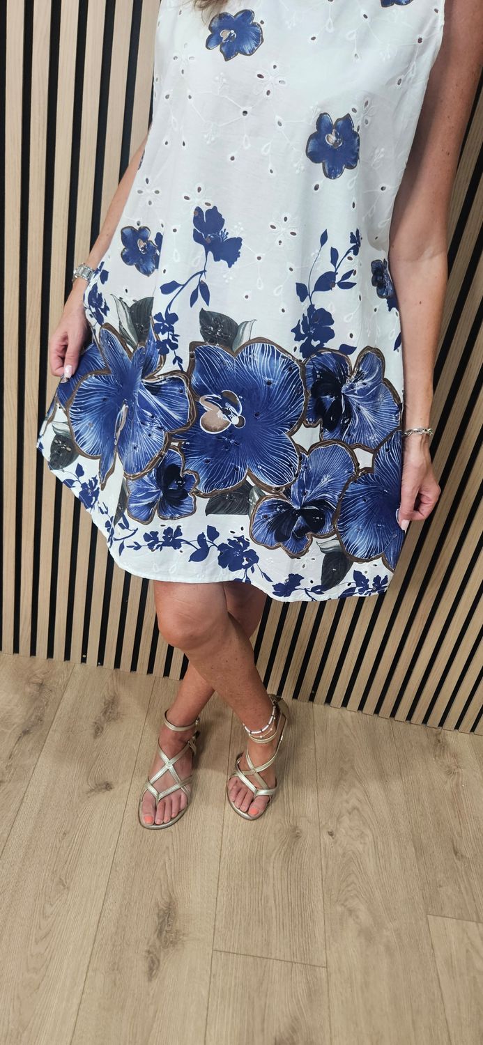 Floral Broderie Cotton Dress – Blue