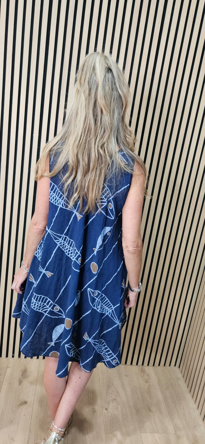 Coastal Fish Print Swing Dress – Navy