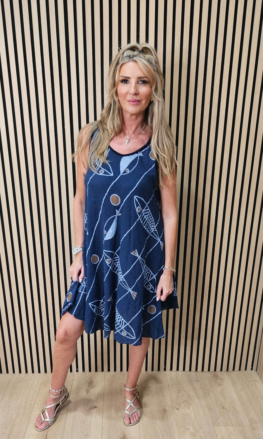 Coastal Fish Print Swing Dress – Navy