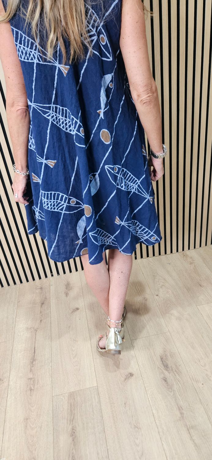 Coastal Fish Print Swing Dress – Navy