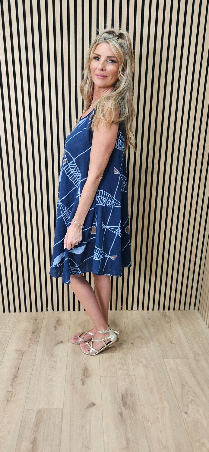 Coastal Fish Print Swing Dress – Navy