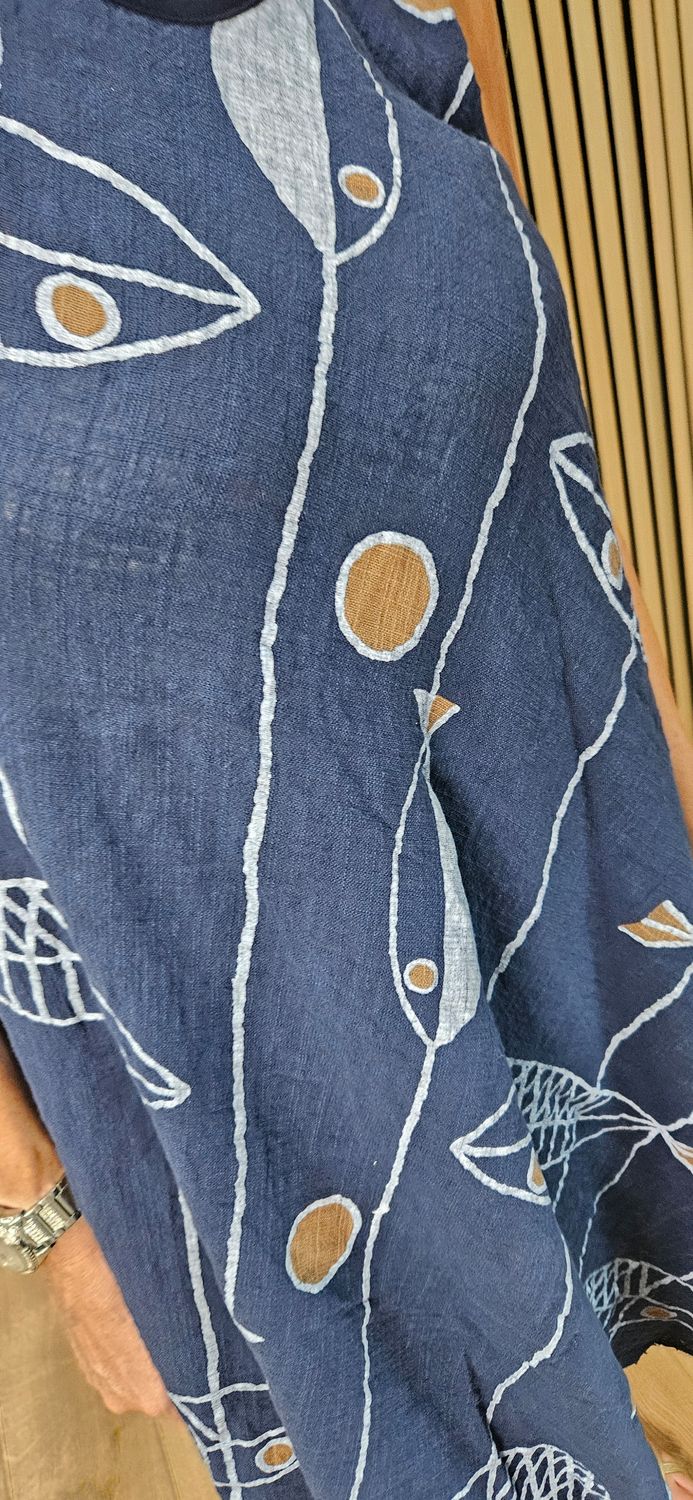 Coastal Fish Print Swing Dress – Navy