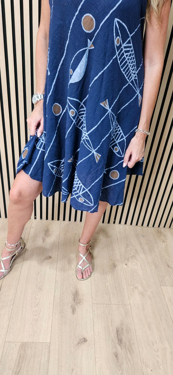 Coastal Fish Print Swing Dress – Navy