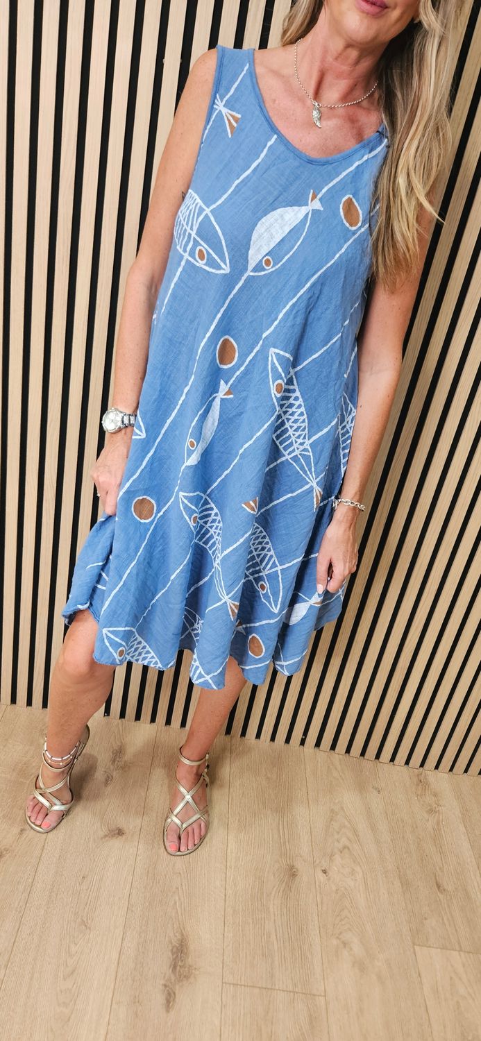 Coastal Fish Print Swing Dress – Light Blue