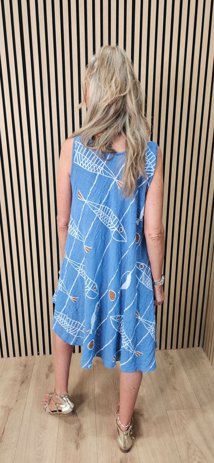 Coastal Fish Print Swing Dress – Light Blue