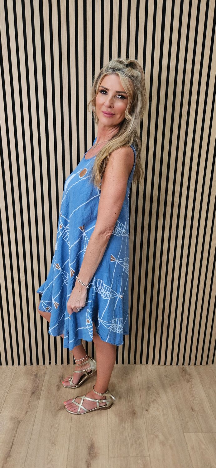 Coastal Fish Print Swing Dress – Light Blue