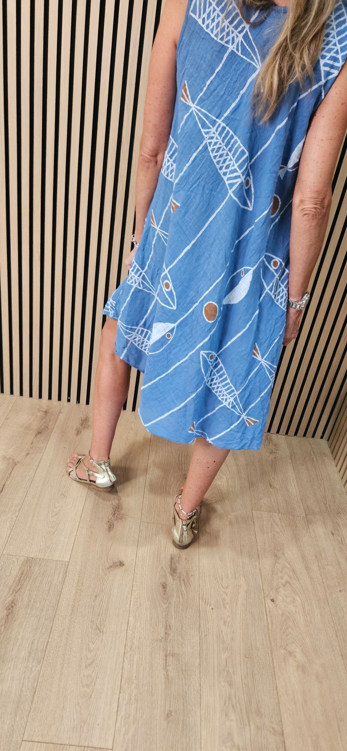 Coastal Fish Print Swing Dress – Light Blue