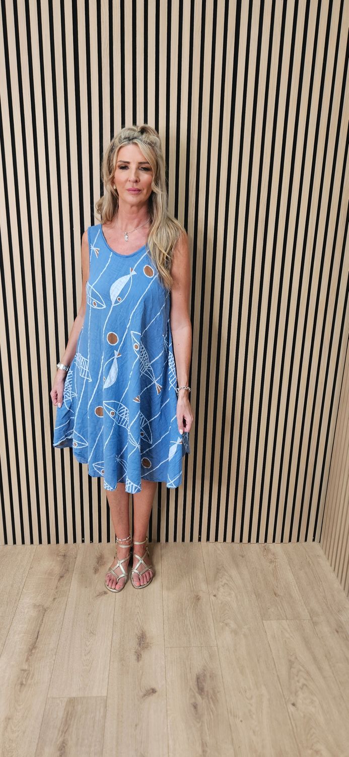Coastal Fish Print Swing Dress – Light Blue