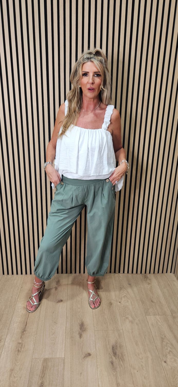 Button Detail Cotton Joggers – Green
