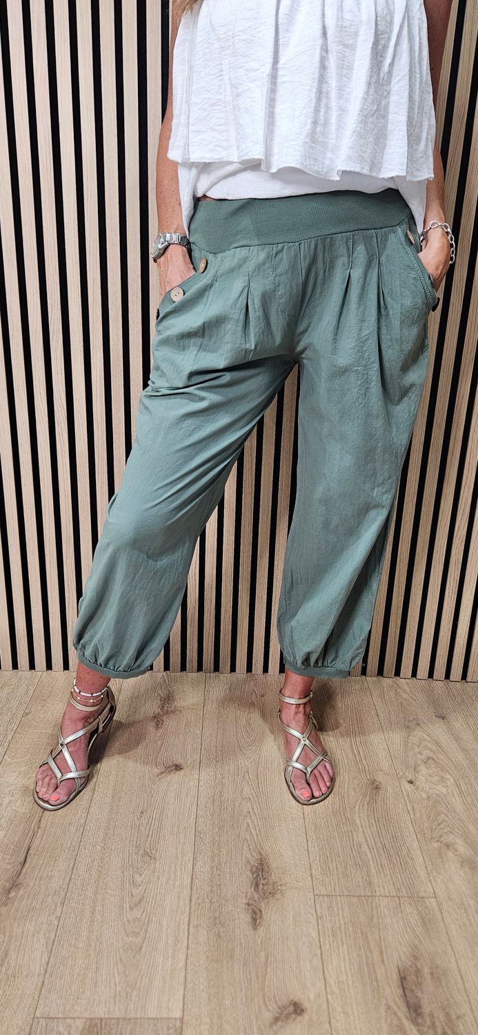 Button Detail Cotton Joggers – Green