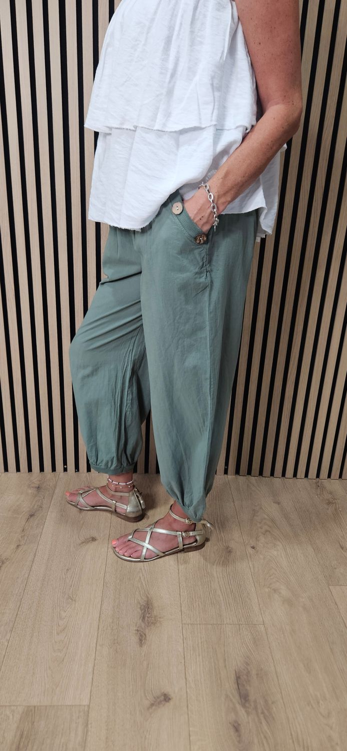Button Detail Cotton Joggers – Green