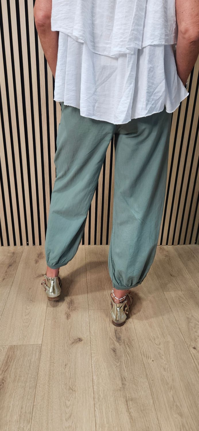 Button Detail Cotton Joggers – Green