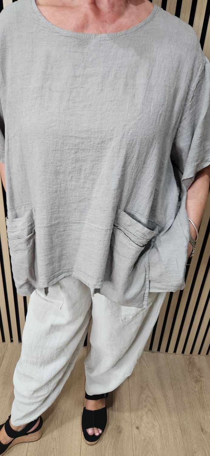 Relaxed Linen Blend Pocket Top – Taupe