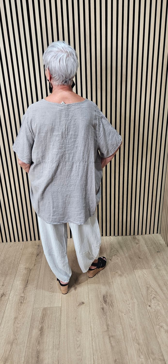 Relaxed Linen Blend Pocket Top – Taupe