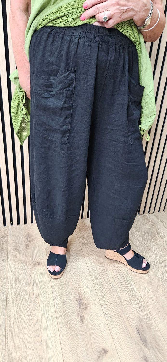 Linen Blend Tulip Hem Trousers – Black
