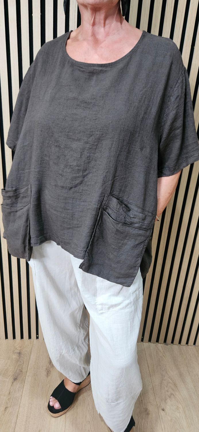Relaxed Linen Blend Pocket Top – Chocolate