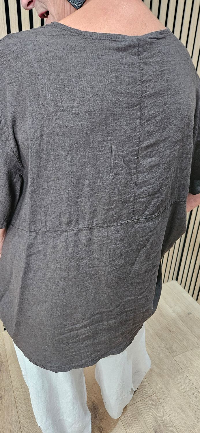 Relaxed Linen Blend Pocket Top – Chocolate