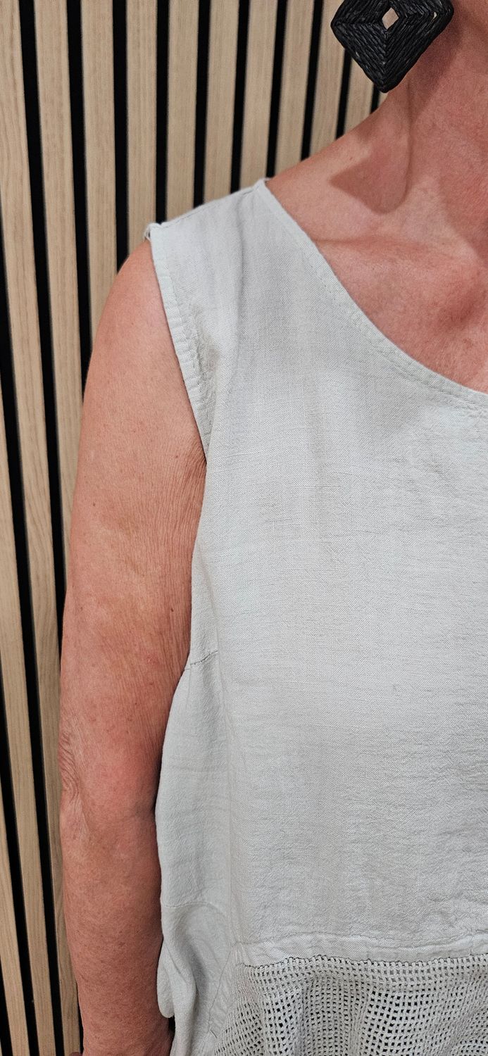 Linen Blend Mesh Detail Top - Stone