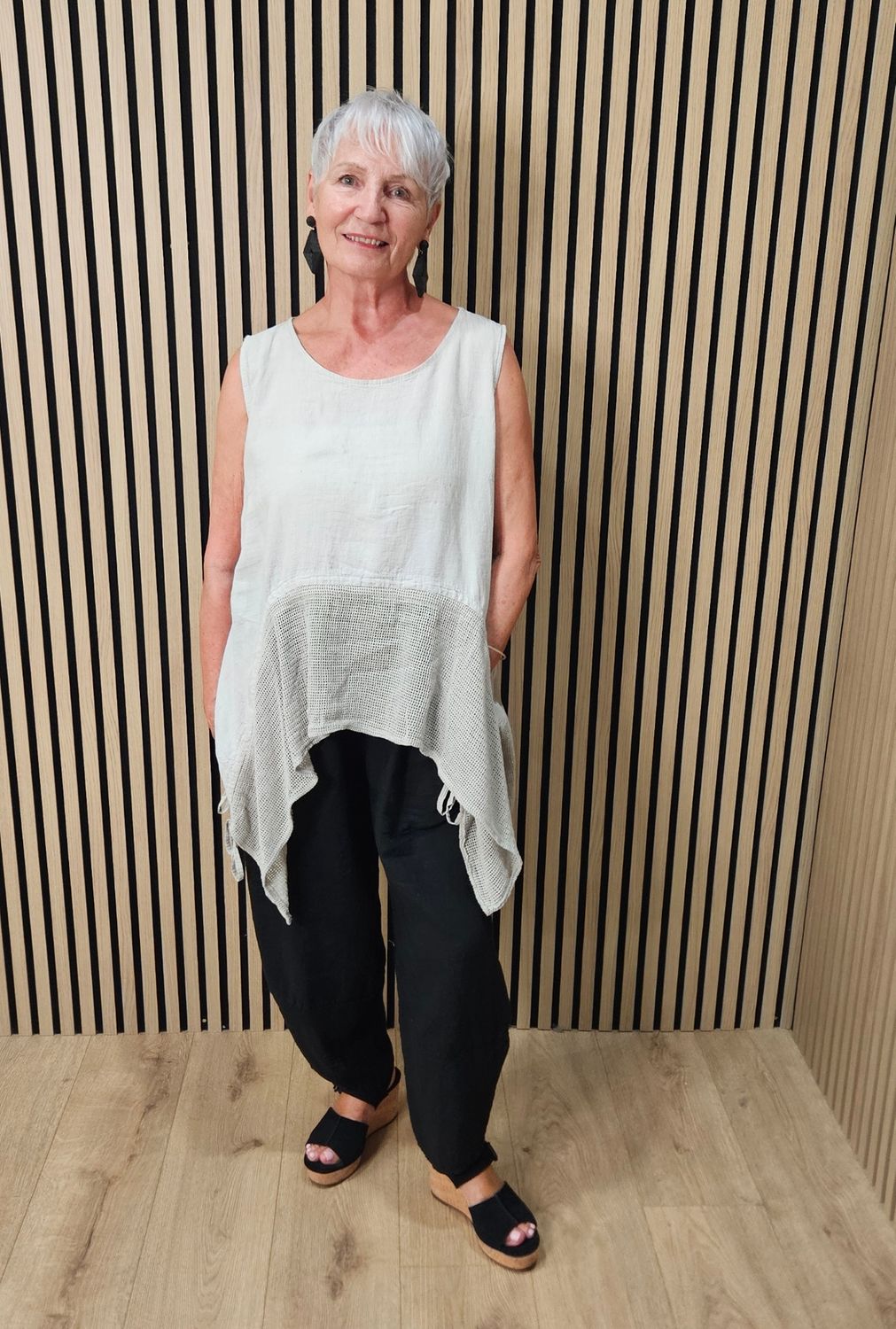 Linen Blend Mesh Detail Top - Stone