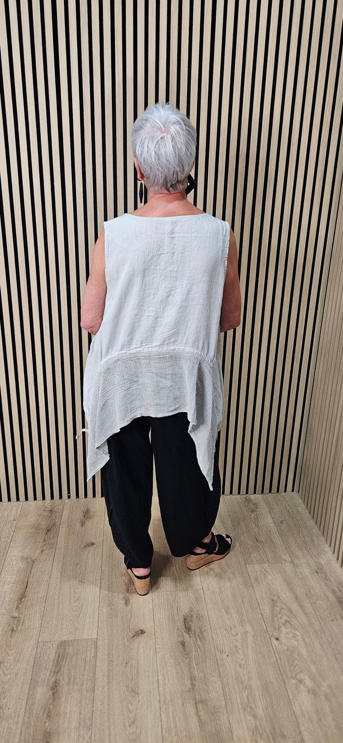 Linen Blend Mesh Detail Top - Stone