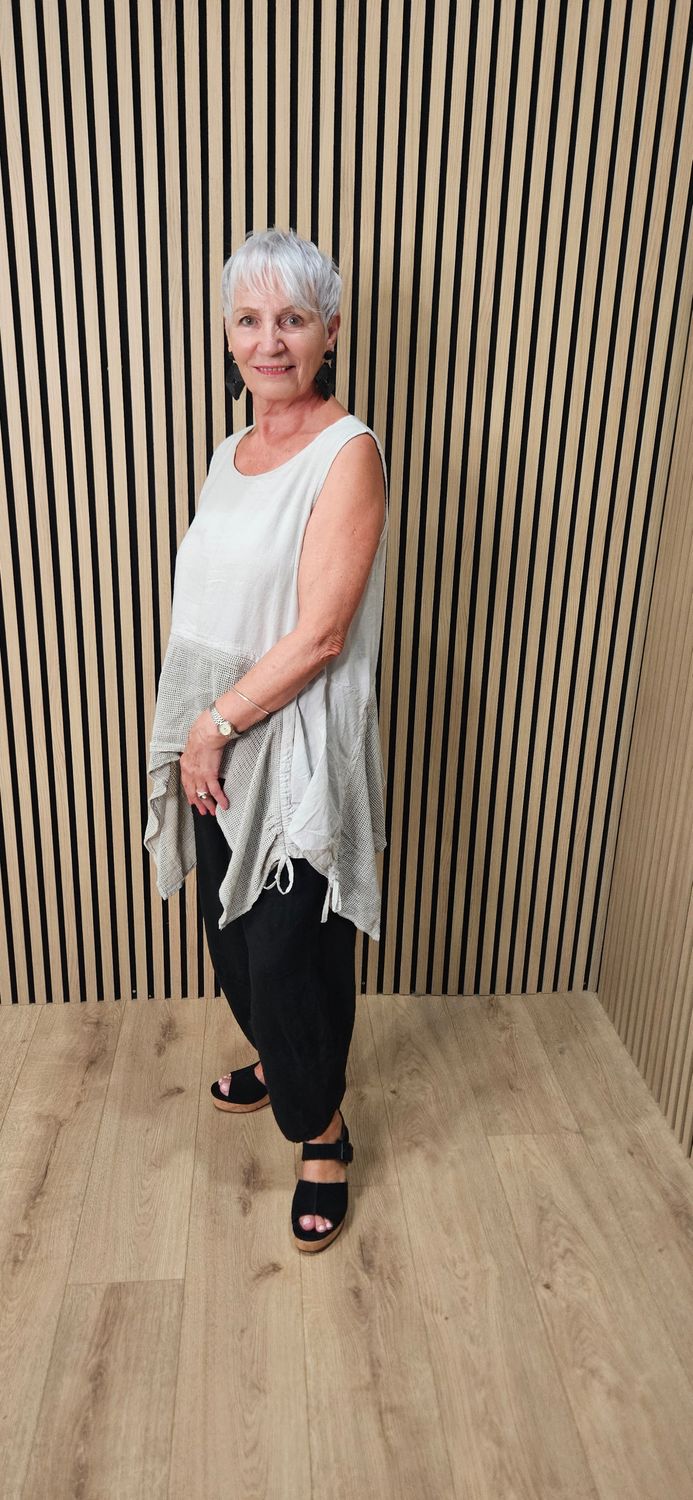 Linen Blend Mesh Detail Top - Stone