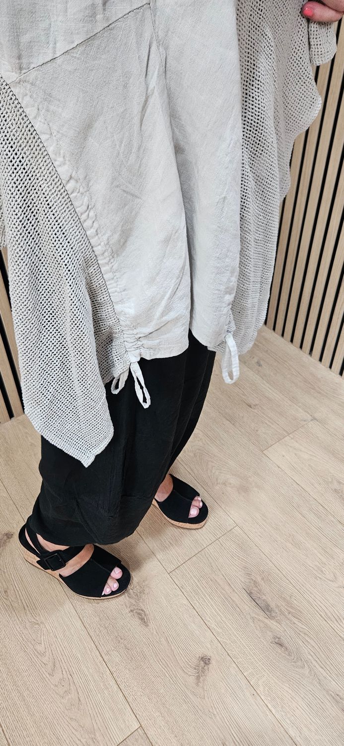 Linen Blend Mesh Detail Top - Stone
