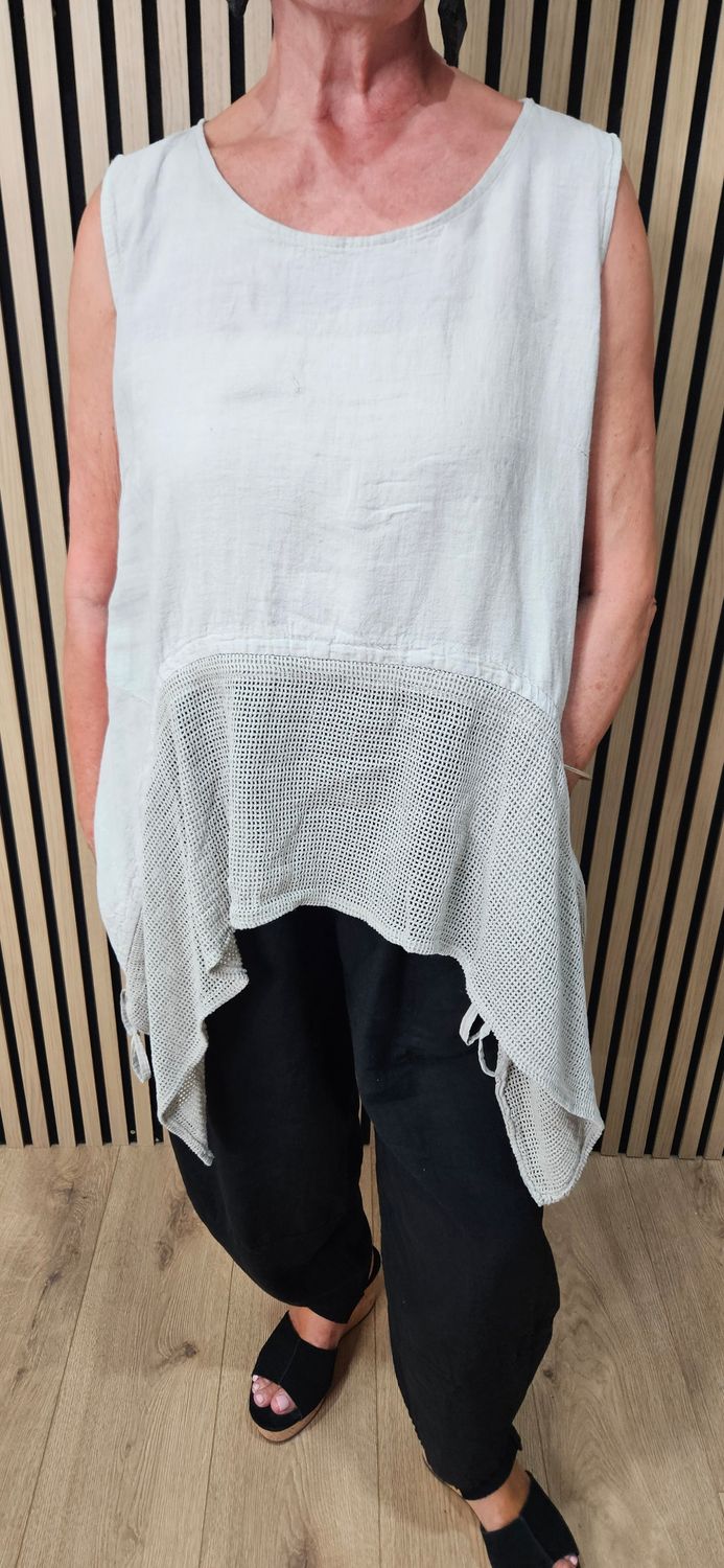 Linen Blend Mesh Detail Top - Stone