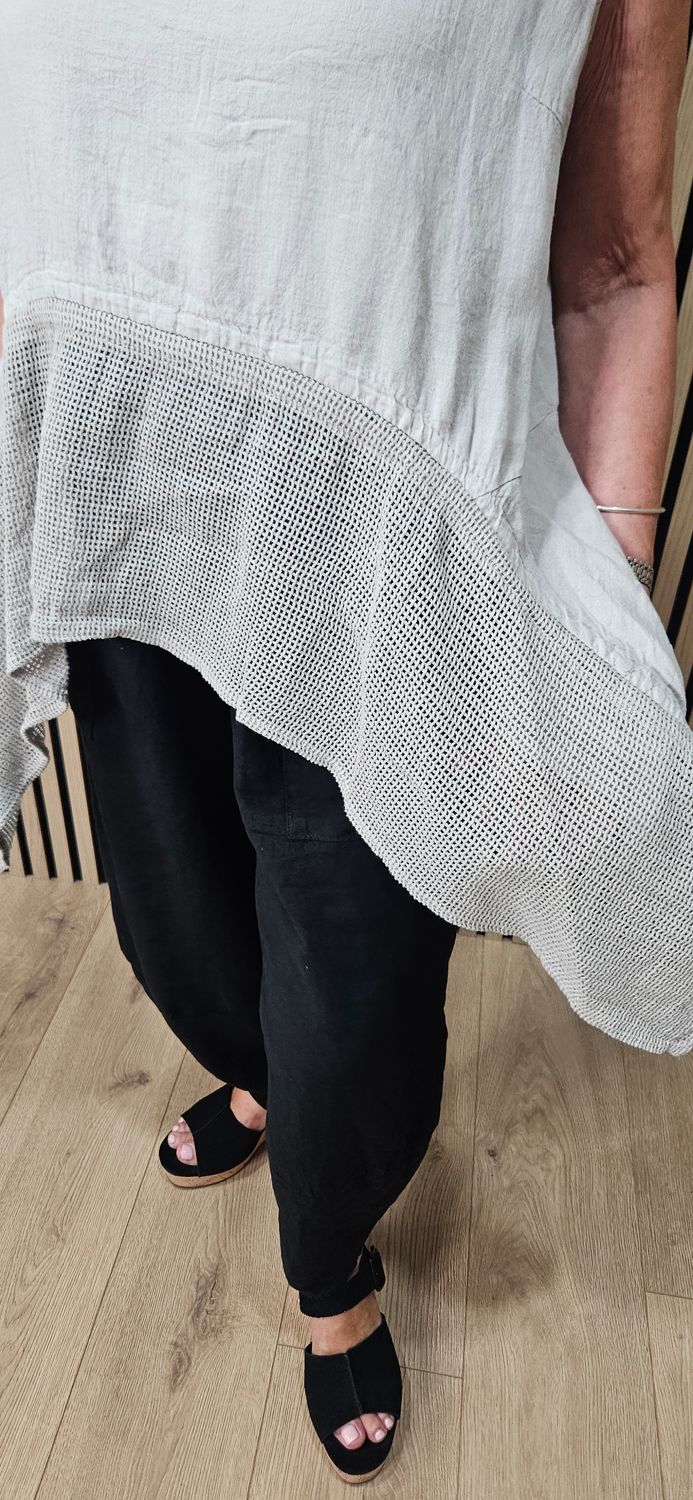 Linen Blend Mesh Detail Top - Stone