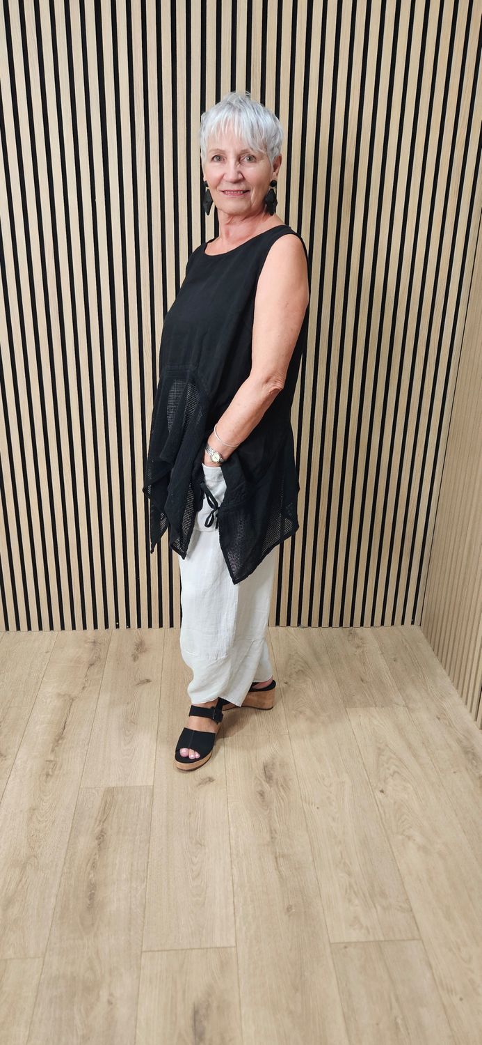Linen Blend Mesh Detail Top – Black