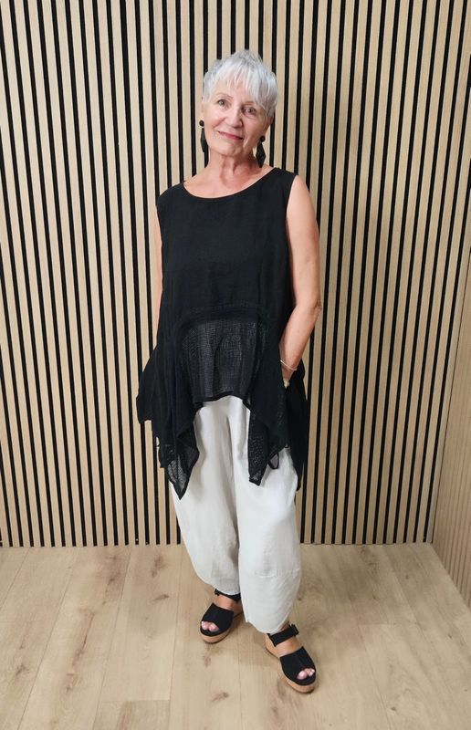 Linen Blend Mesh Detail Top – Black