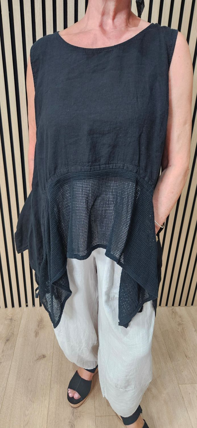 Linen Blend Mesh Detail Top – Black