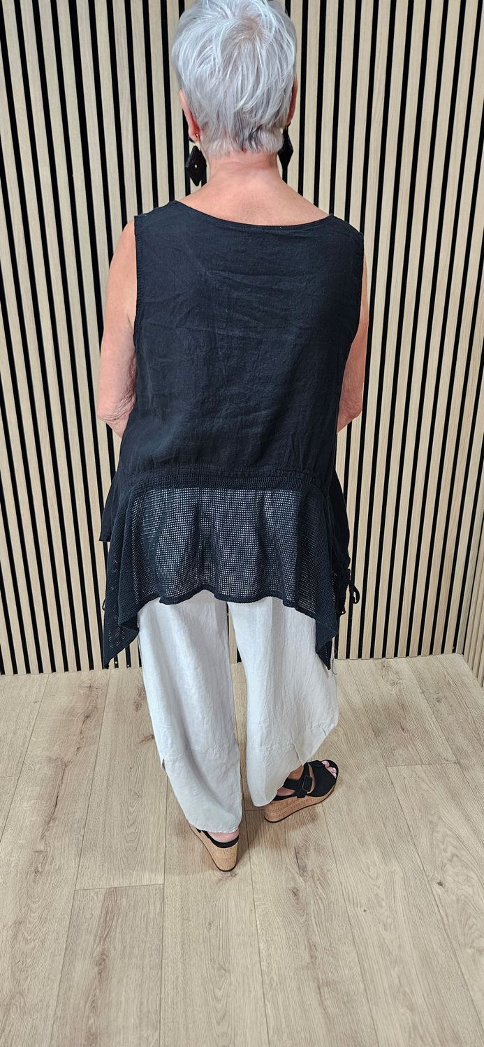 Linen Blend Mesh Detail Top – Black