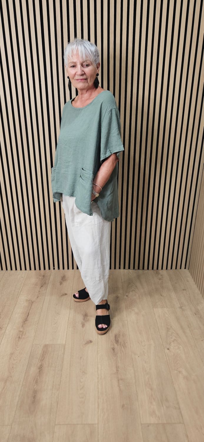 Relaxed Linen Blend Pocket Top – Khaki