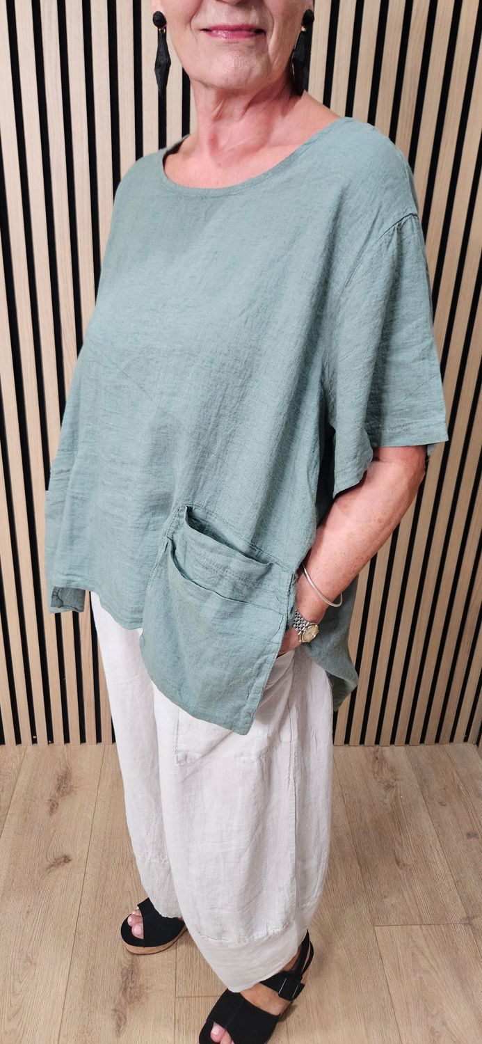 Relaxed Linen Blend Pocket Top – Khaki