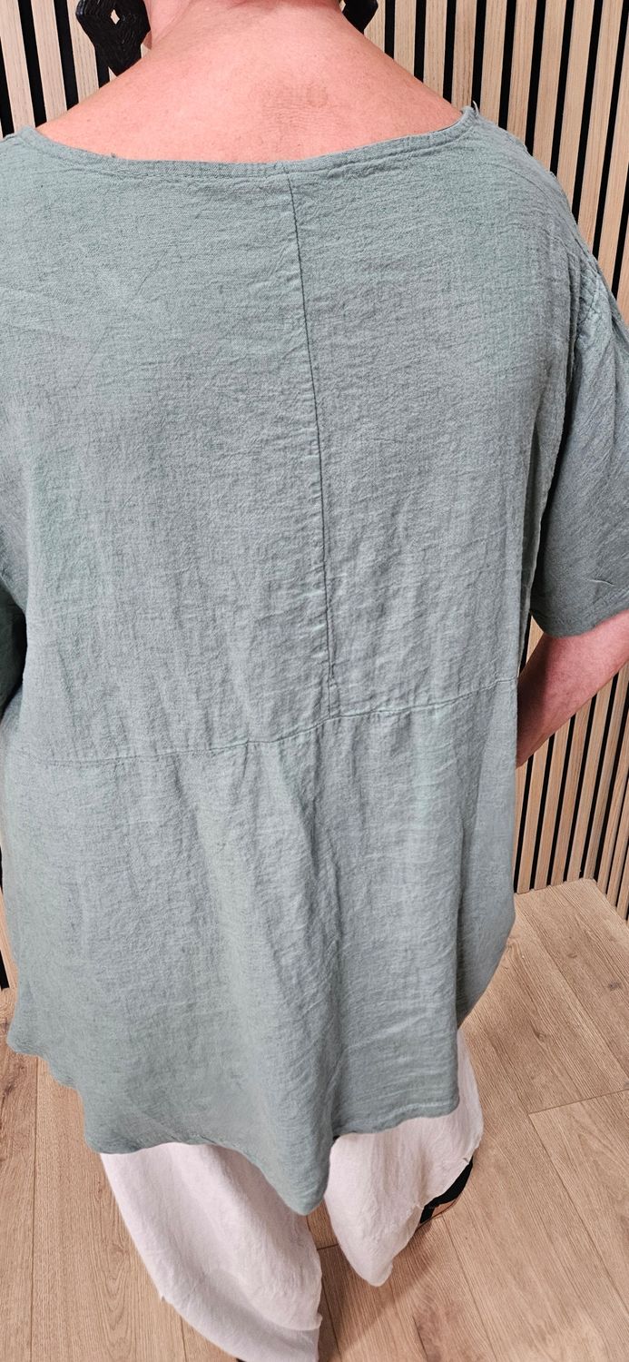 Relaxed Linen Blend Pocket Top – Khaki