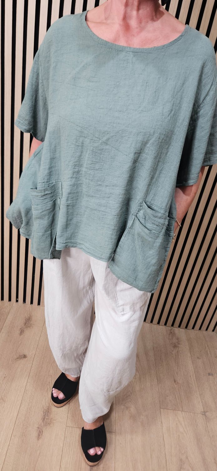 Relaxed Linen Blend Pocket Top – Khaki