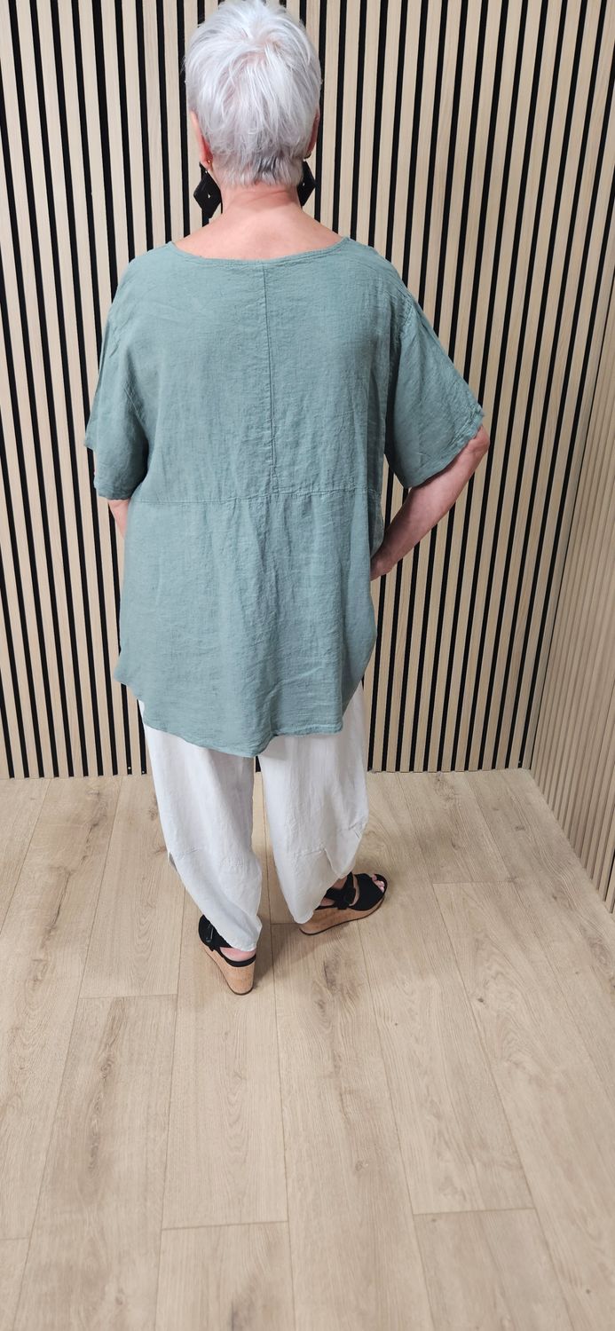 Relaxed Linen Blend Pocket Top – Khaki