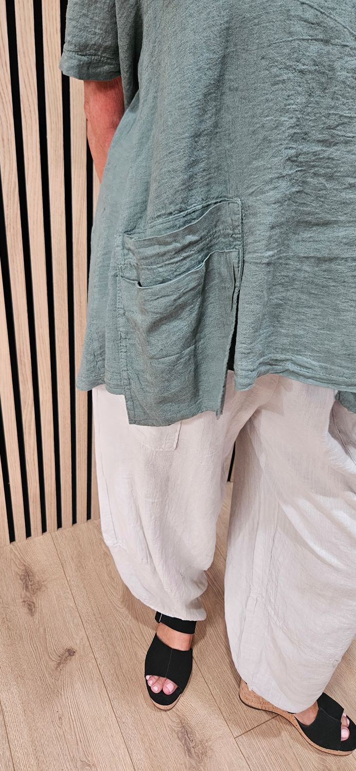 Relaxed Linen Blend Pocket Top – Khaki