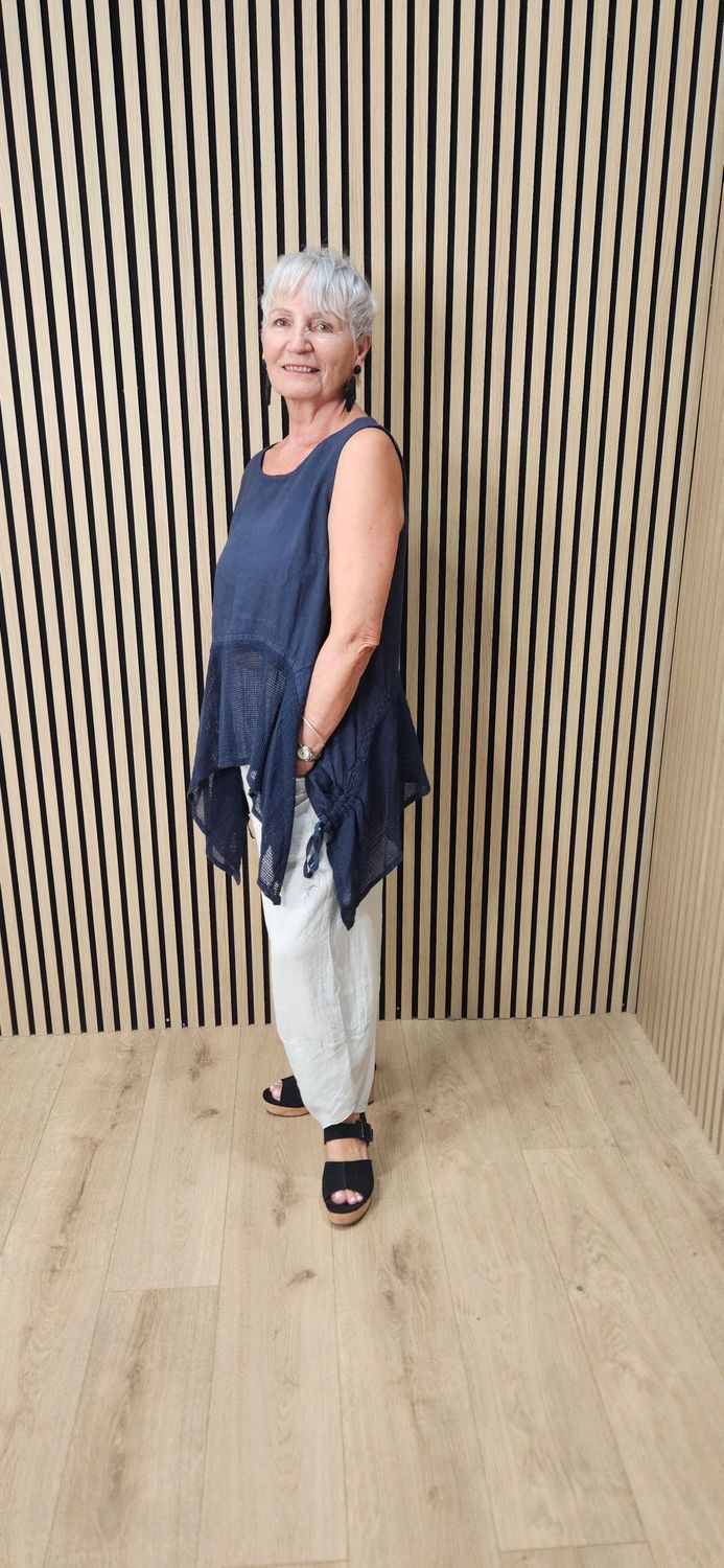 Linen Blend Mesh Detail Top – Navy
