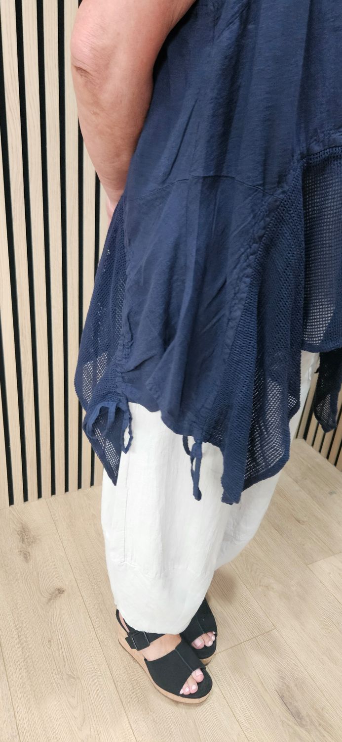 Linen Blend Mesh Detail Top – Navy