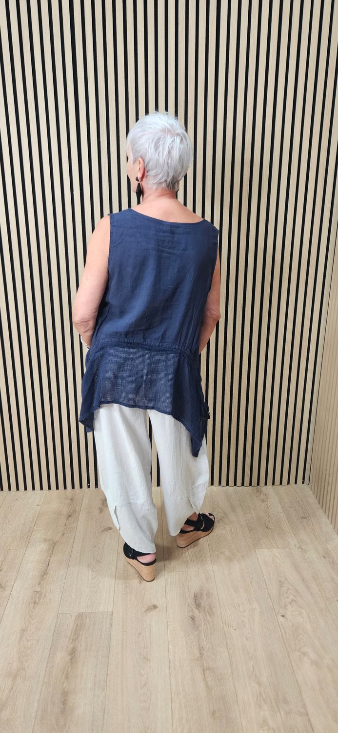 Linen Blend Mesh Detail Top – Navy