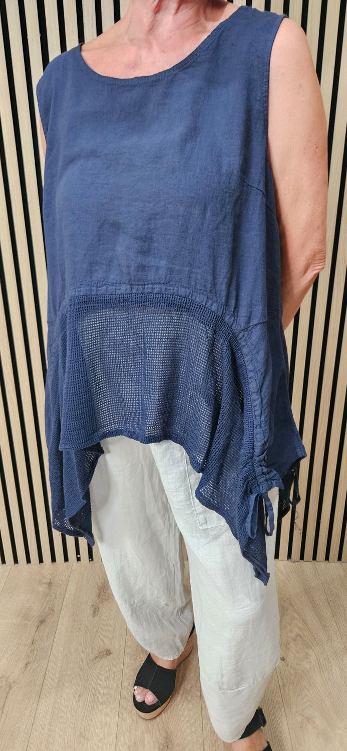 Linen Blend Mesh Detail Top – Navy